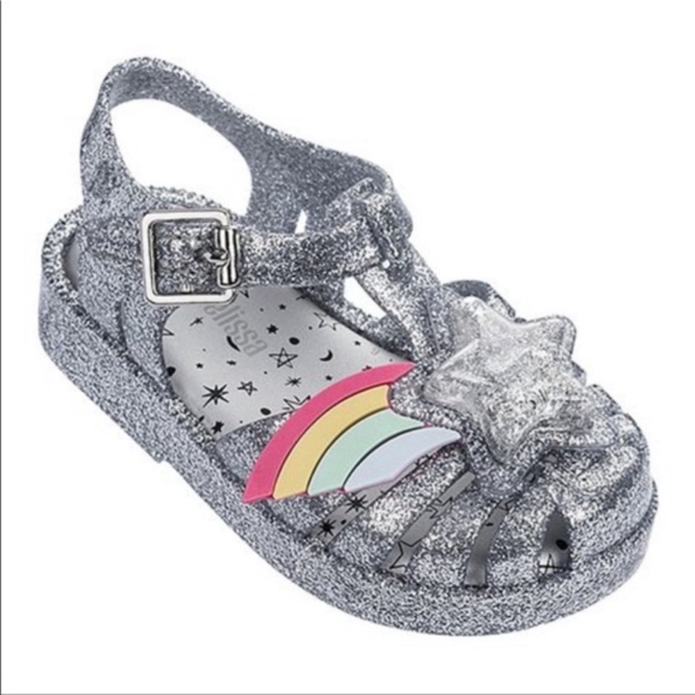 Mini Melissa Silver Glitter Jelly Sandals with Rainbow Star Accent